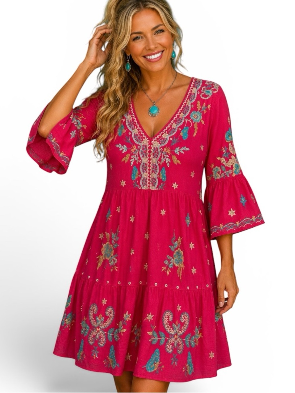 Johnny Was heavily embroidered ARZELLA TIERED
DRESS. Rare color